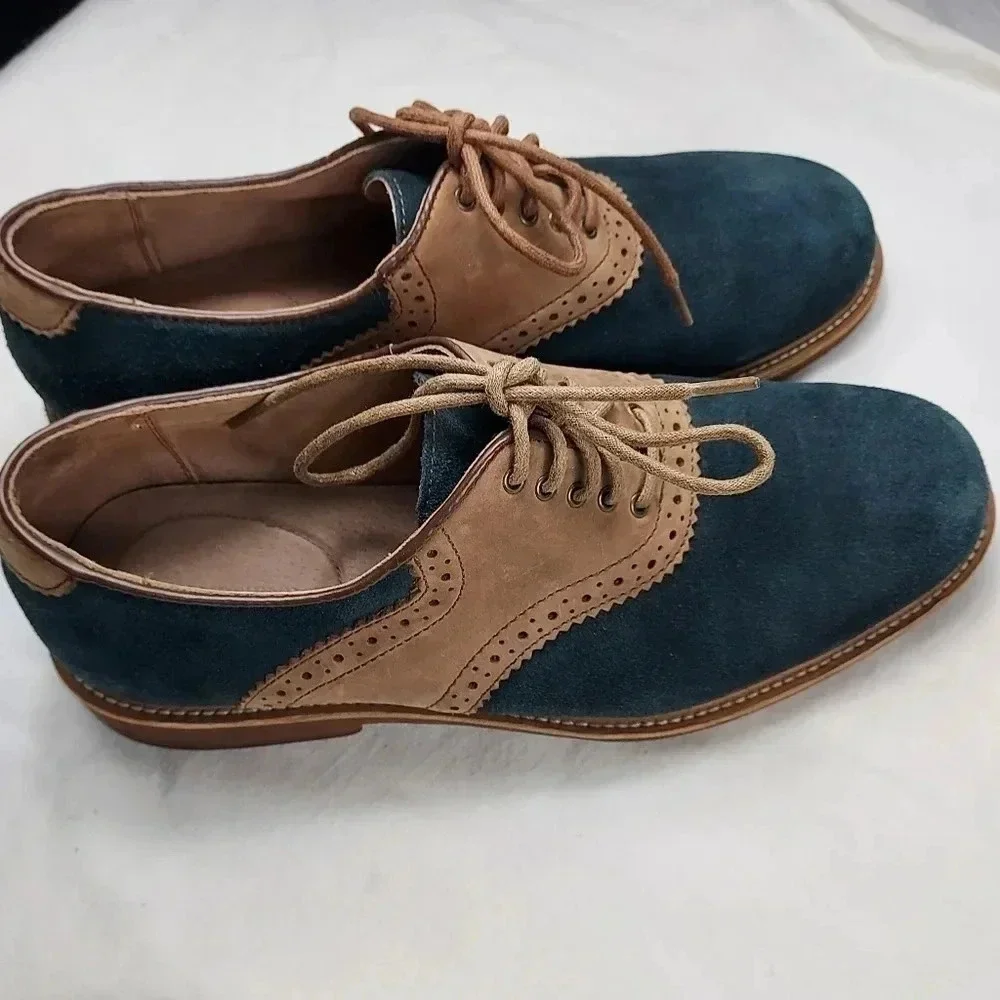 Land's End Mens Tan Leather and Blue Suede Lace Shoes Size 9